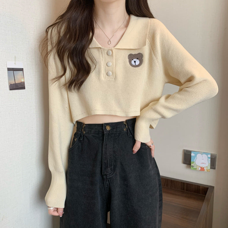Damen Pullover Cropped Knopfverschluss Einhorn-Emblem