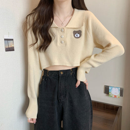 Damen Pullover Cropped Knopfverschluss Einhorn-Emblem