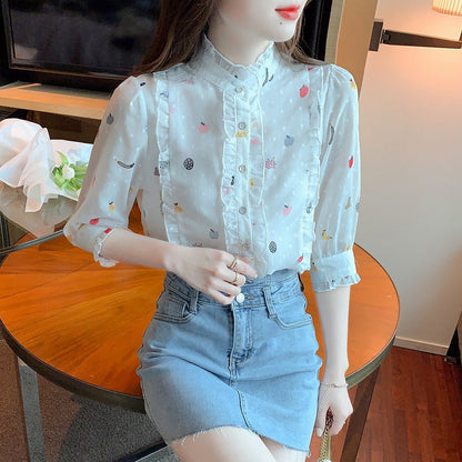 Damen Bluse Floralmuster Geraffte Ärmel