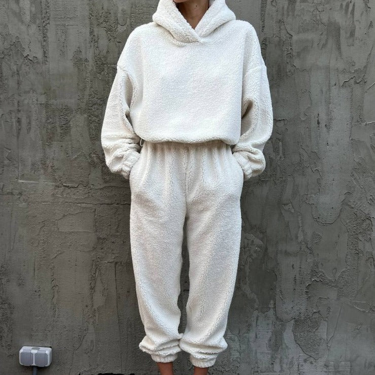 Damen Fleece-Loungewear-Set Elastischer Bund Hoher Kragen Grau