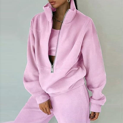 Damen Fleece-Pullover Hochkragen Reißverschluss Kuschelig Grau