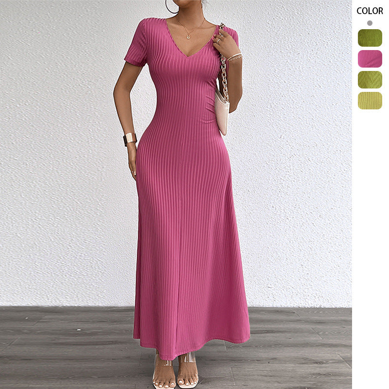 Damen Maxikleid Langarm Rippstruktur V-Ausschnitt Eveloria - Eveloria