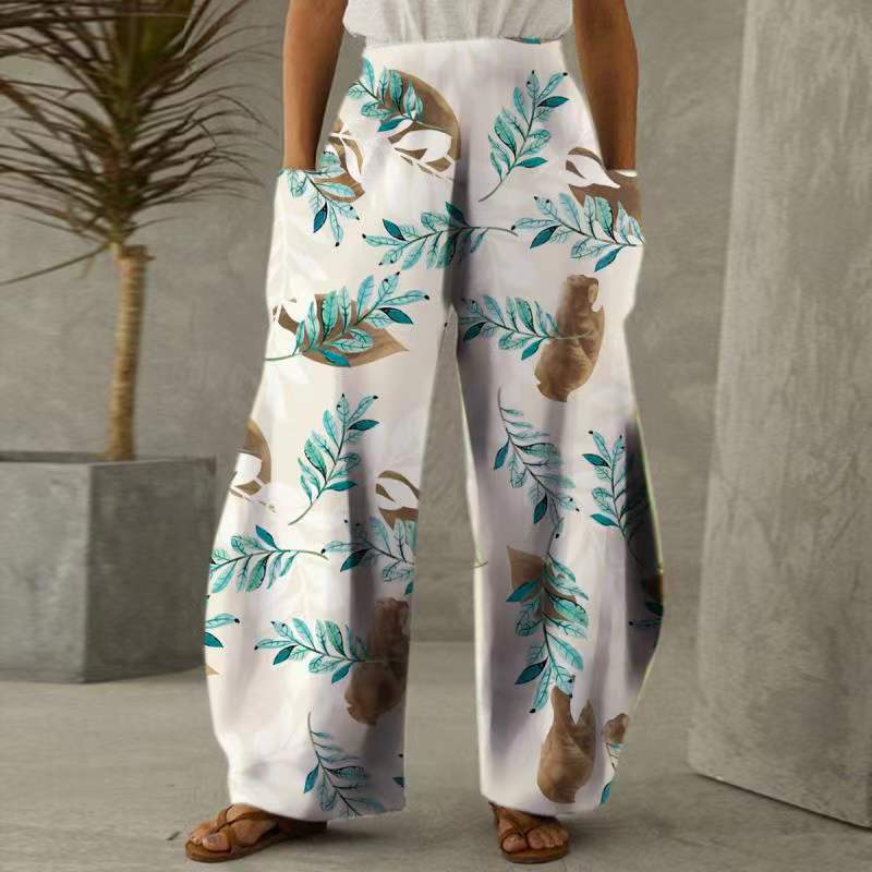 Damen Blumenhosen Weite mit Taschen Elastischer Bund