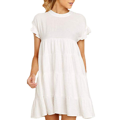 Damen Kurzarm Kleid Rüschendetails Fließender Schnitt Luftig Pastell