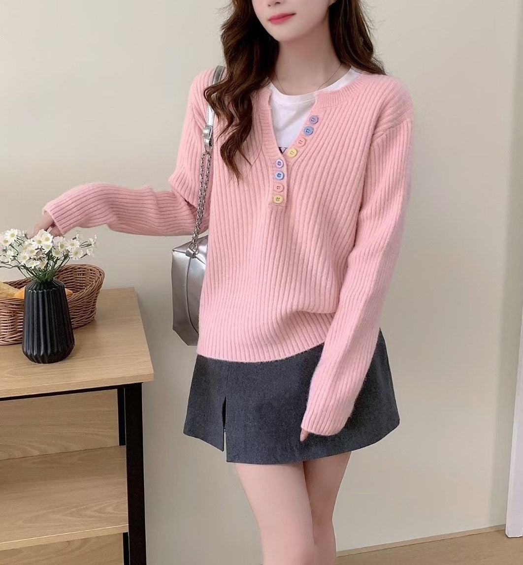 Damen Kuschel-Pullover Rundhalsausschnitt Knopfleiste Eveloria