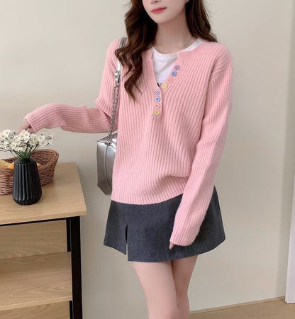 Damen Kuschel-Pullover Rundhalsausschnitt Knopfleiste Eveloria