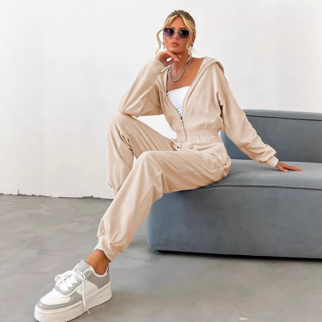 Damen Velours-Jumpsuit Kapuze Elastisch Eveloria