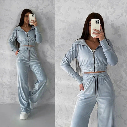 Damen Fleece-Set Cropped Oberteil Weite Hose