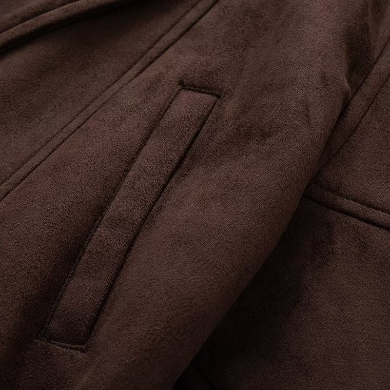 Damen Kunstlederjacke mit Breitem Kragen und Taillengürtel