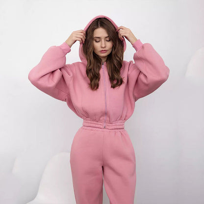 Damen Fleece-Jumpsuit mit Kapuze Weit Schnitt Eveloria