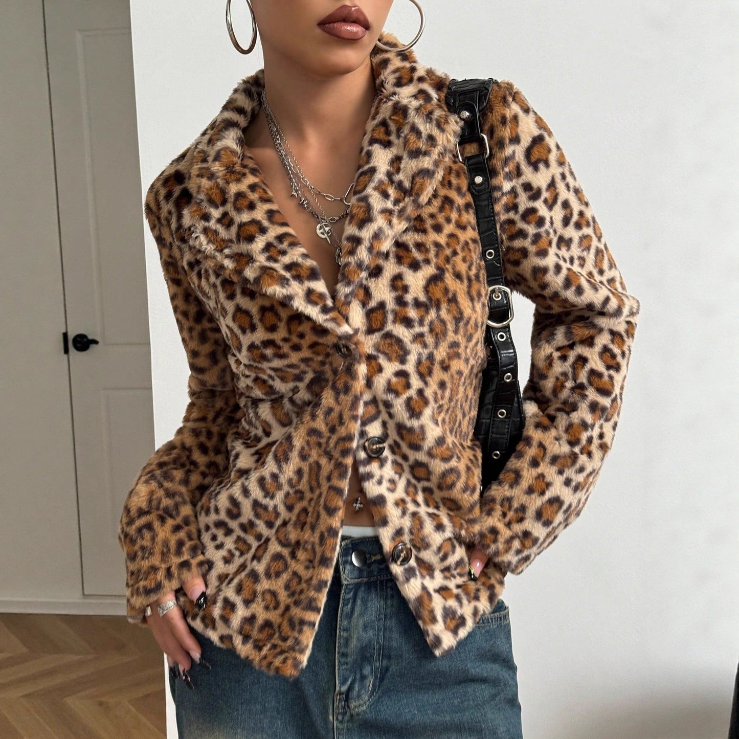 Damen Blazerjacke Leopardenmuster Eveloria Schwarz - Eveloria