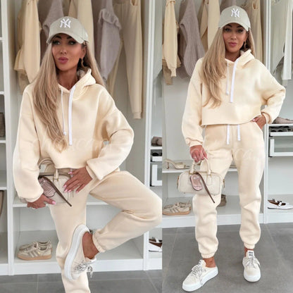 Damen Jogging-Set Cropped Hoodie und Hose Bequem Grau Eveloria