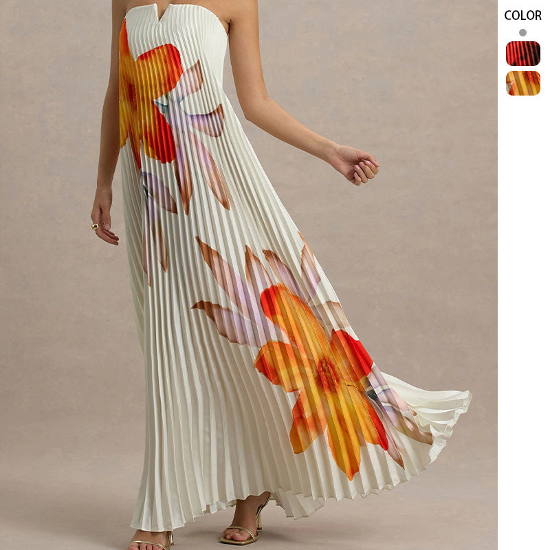Damen Plisseekleid Trägerlos Floralmuster Eveloria - Eveloria