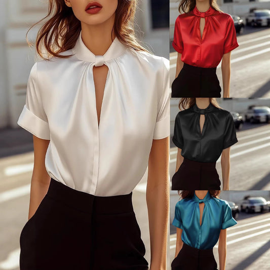 Damen Bluse Stehkragen Schimmernder Stoff - Eveloria