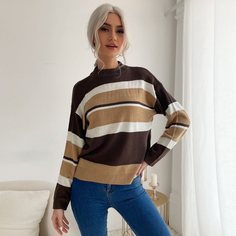 Damen Strickpullover Farbiges Streifenmuster Hoher Kragen