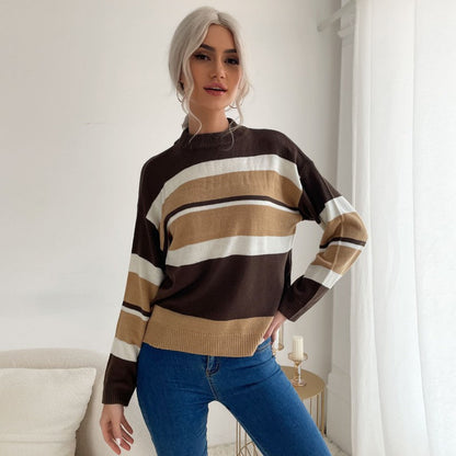 Damen Strickpullover Farbiges Streifenmuster Hoher Kragen