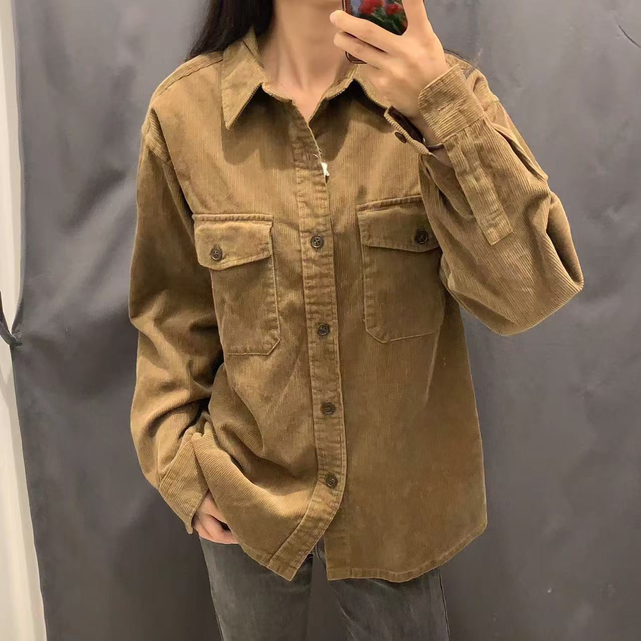 Damen Kordjacke Lässig Brusttaschen Braun