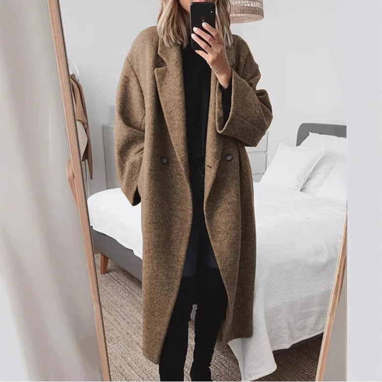 Damen Wollmantel Oversized Doppelter Knopfleiste Elegant Schwarz - Eveloria