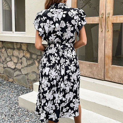 Damen Blumenkleid Rüschendetails Bindegürtel Eveloria