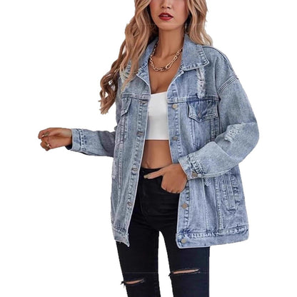 Damen Oversized Denimjacke Ripped Details Blau Eveloria