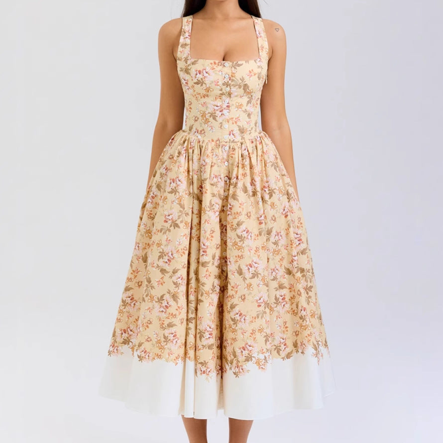 Damen Midi-Kleid Floralmuster Schmale Träger Eveloria - Eveloria