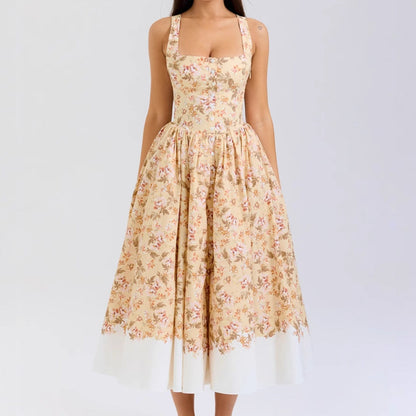 Damen Midi-Kleid Floralmuster Schmale Träger Eveloria - Eveloria
