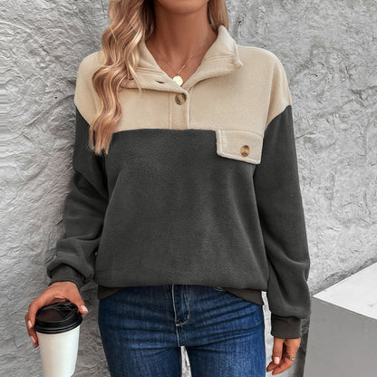 Damen Fleecepullover mit Knöpfen und Taschen Grau