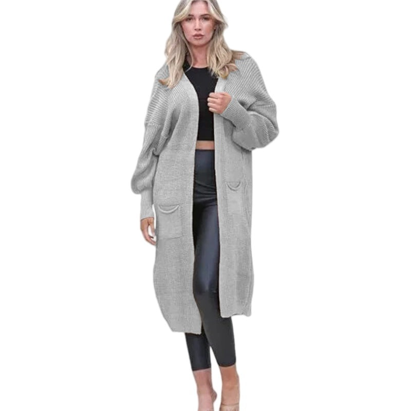 Damen Cardigan Grobstrick Offene Taschen Lässig Beige