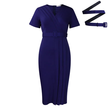 Damen Midi-Kleid Asymmetrisch Wickeldesign Gürtel Eveloria