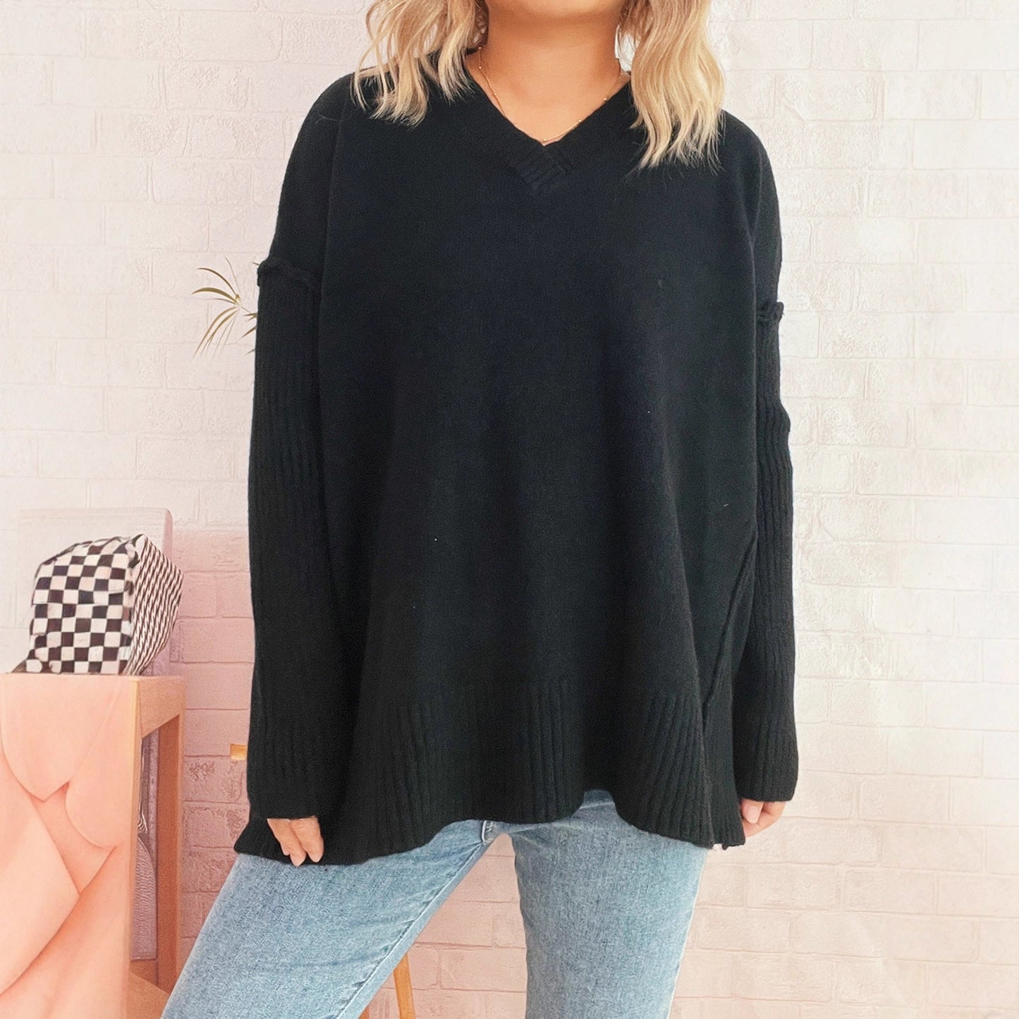 Damen Pullover V-Ausschnitt Strukturierte Ärmel Weites Design