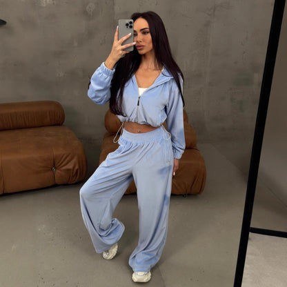 Damen Velours-Loungewear-Anzug Cropped Oberteil Weite Hose