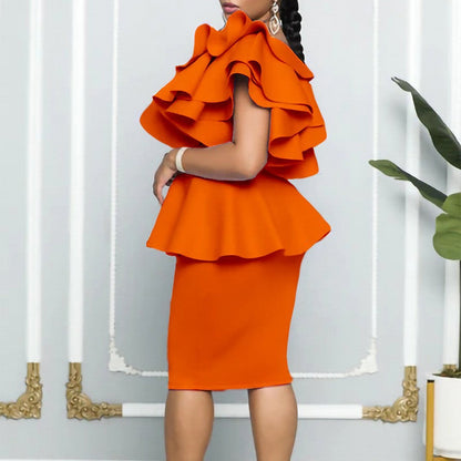 Damen Peplum Kleid Asymmetrischer Rüschenärmel Eveloria