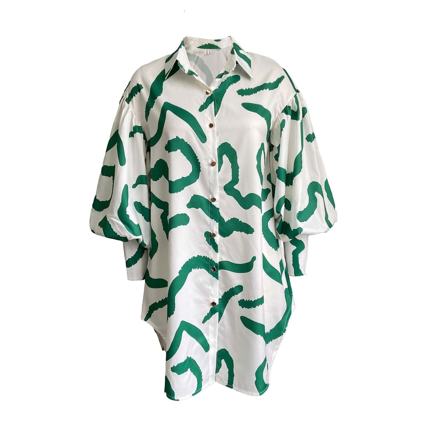 Damen Hemdkleid Oversize Puffärmel Lebhaftes Muster