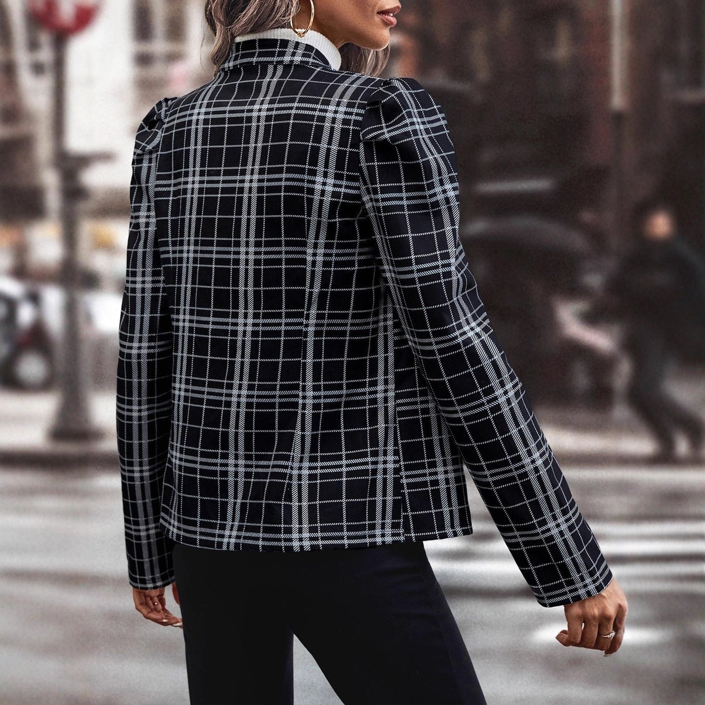 Damen Karierte Blazerjacke mit Knöpfen weiß Eveloria