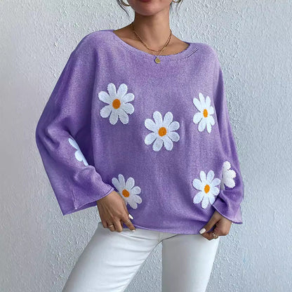 Damen Strickpullover Blumendesign Weit