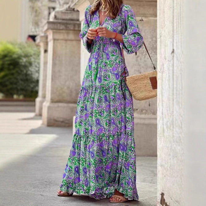 Damen Maxi-Kleid Florales Muster V-Ausschnitt Eveloria