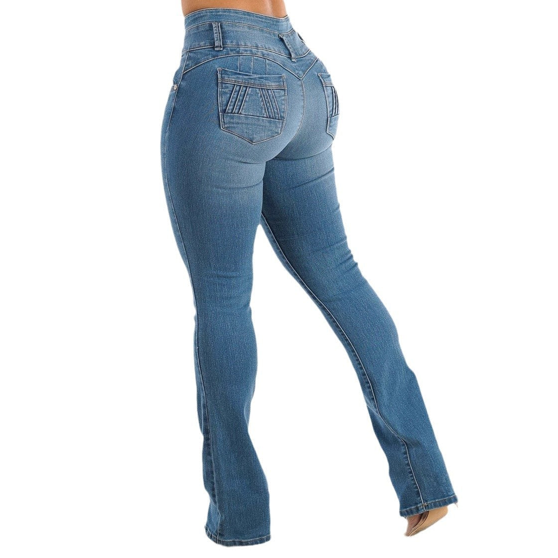 Damen High-Waist Jeanshose Elastisch Dekorativer Knopfverschluss
