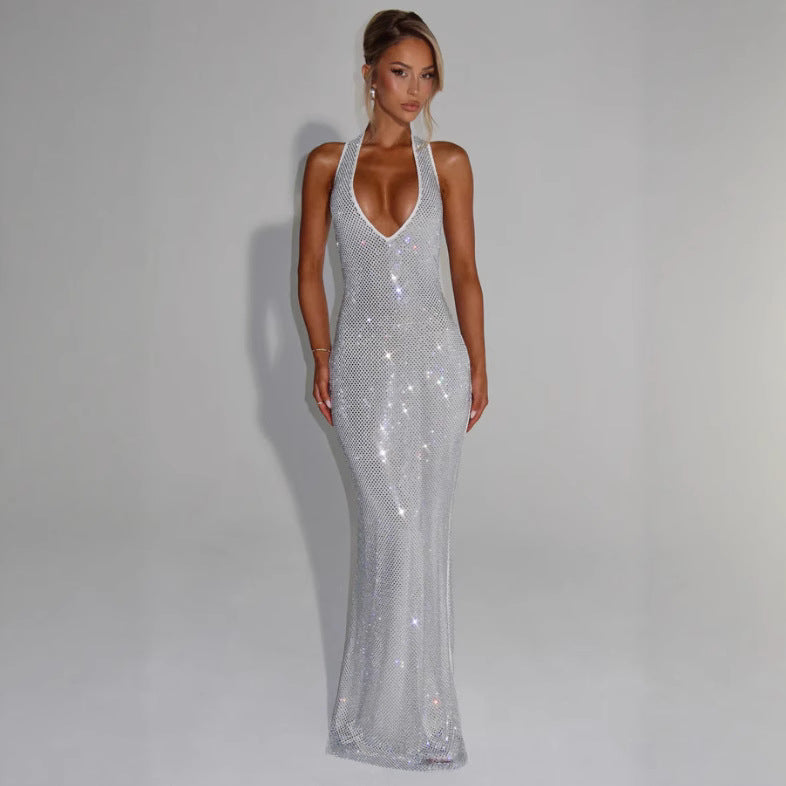 Eveloria Damen Abendkleid Glitzernd V-Ausschnitt Figurbetont Schwarz - Eveloria