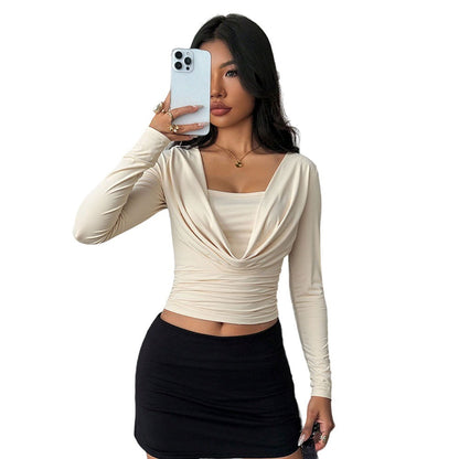 Damen Langarmshirt Wickeldesign V-Ausschnitt Figurbetont