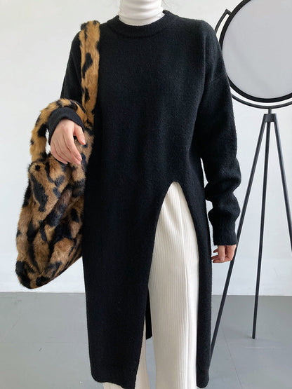 Damen Strickpullover Lang Lockere Passform Beige
