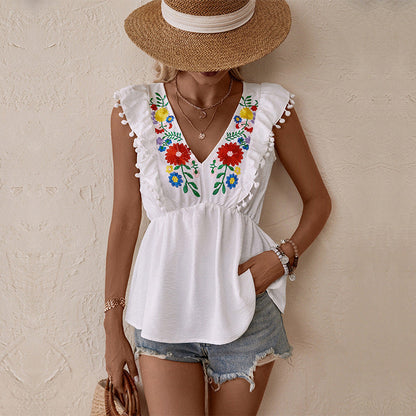 Damen Bluse mit Blumenstickerei und Rüschen Details