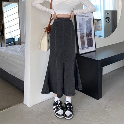 Damen Denim-Rock Flared mit hohem Schlitz Eveloria