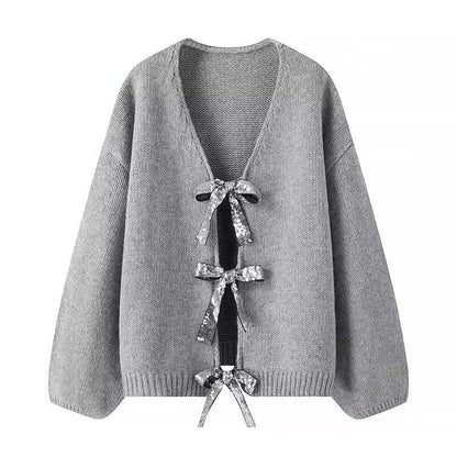 Damen Strickcardigan mit Schleifen Grau