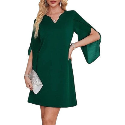 Damen V-Ausschnitt Kleid transparente Ärmel Eveloria
