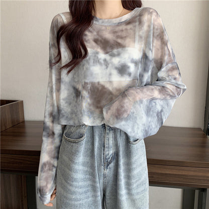 Damen Longsleeve-Oberteil Transparent Tie-Dye Muster