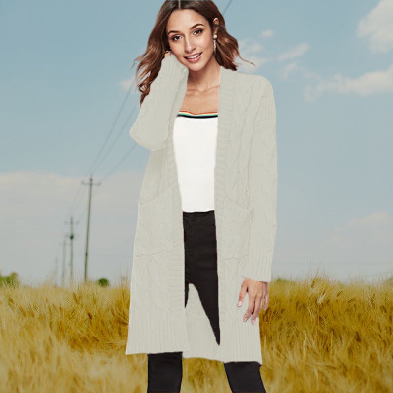 Damen Cardigan Grobstrick Zopfmuster Beige mit Taschen