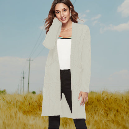 Damen Cardigan Grobstrick Zopfmuster Beige mit Taschen