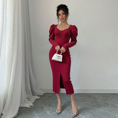Damen Midi-Kleid Puffärmel Raffierter Schlitz Eveloria