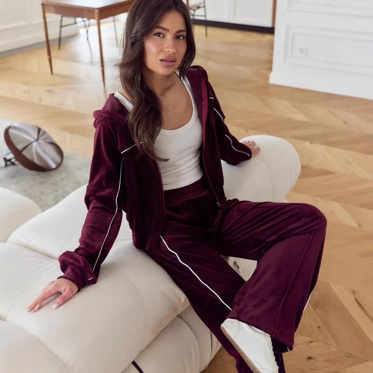 Damen Velours-Anzug Sportlich Elastisch Kapuze Eveloria