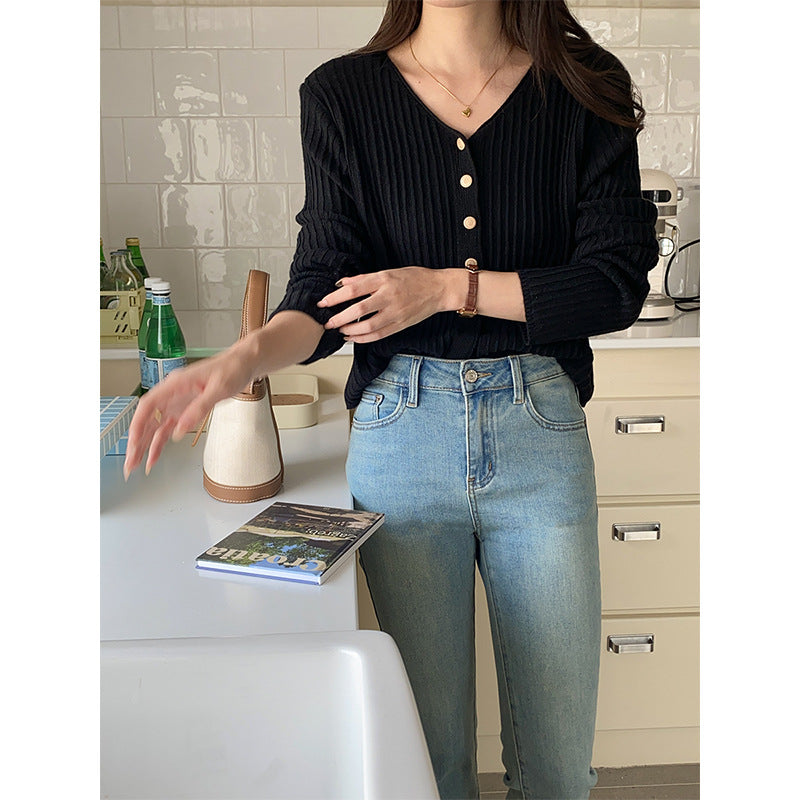 Damen Strickjacke Knopfverschluss Lässig Grau Eveloria